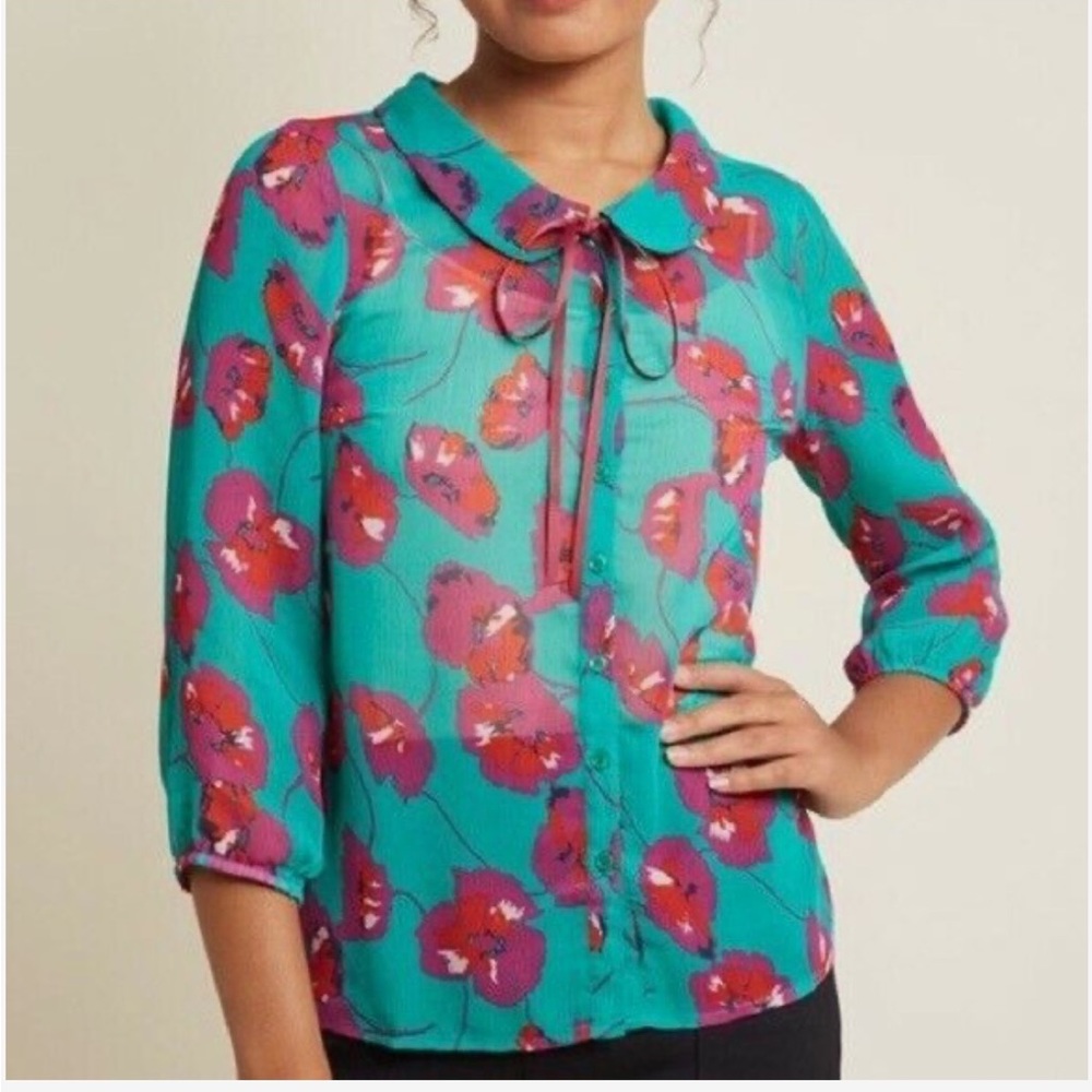 ModCloth Floral Peter Pan Collar Sheer Blouse Green‎ Large retro
